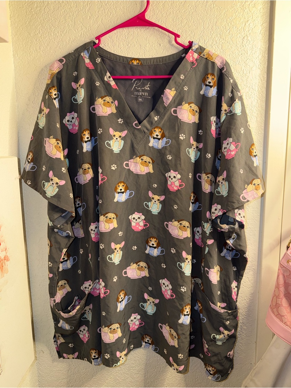Maevn Women’s Grey Short Sleeve V-Neck Scrub Top with Puppy Print